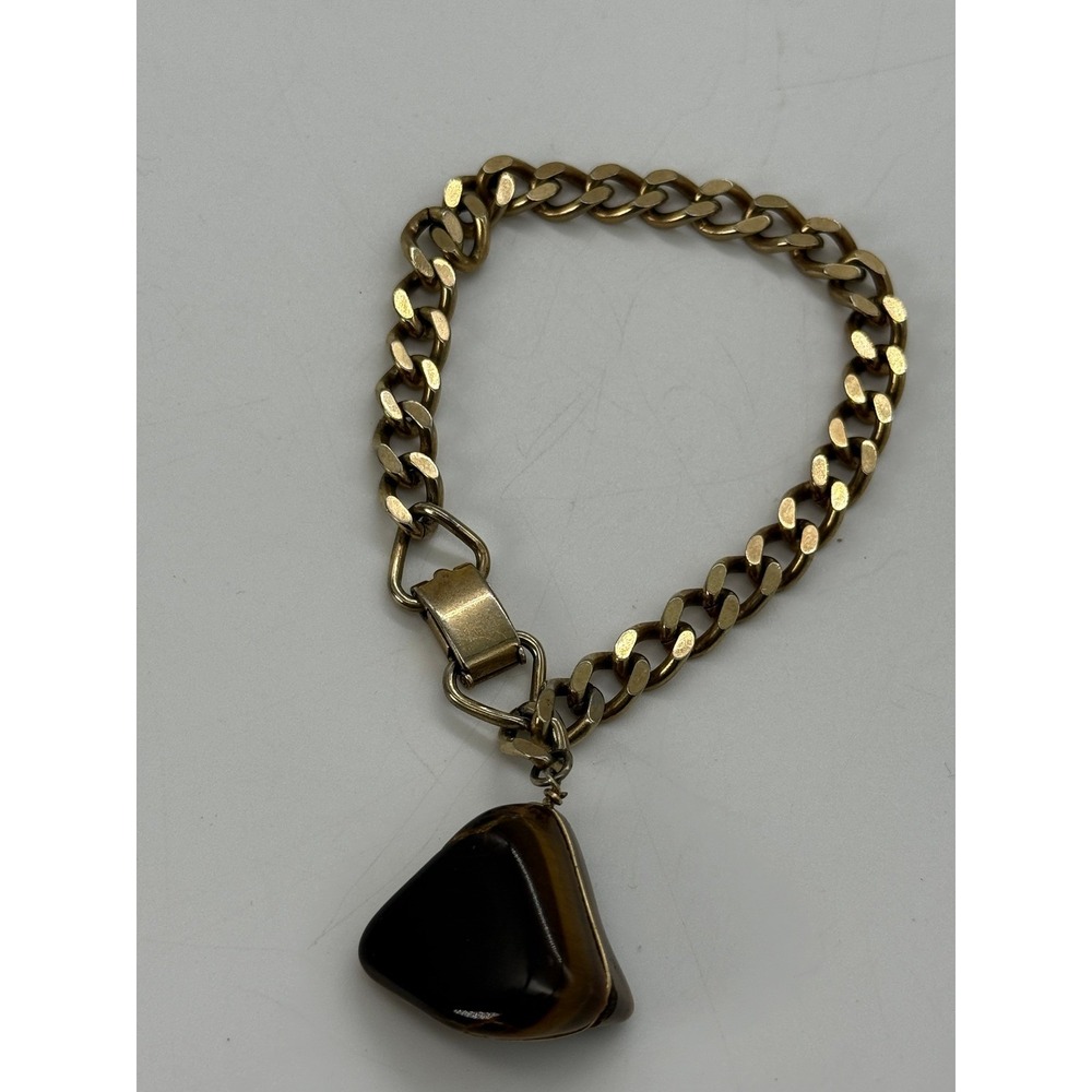 Vintage Chunky Chain Mexico Stone Tiger Eye Charm Bracelet Gold Tone 7.5in 70s